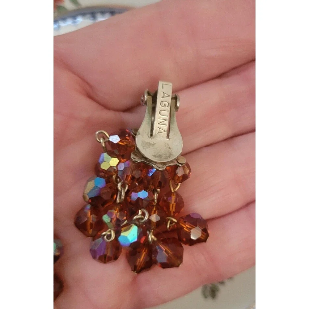 Laguna Topaz Aurora Borealis Clip-On Dangle Earrings - Signed - 1960's